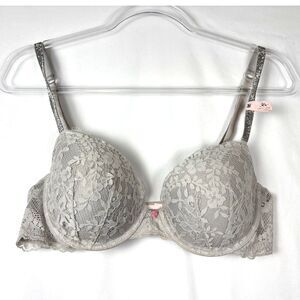 Victorias Secret Dream Angels Demi Bra 36C Gray Lace Rhinestone Shine Strap NWOT